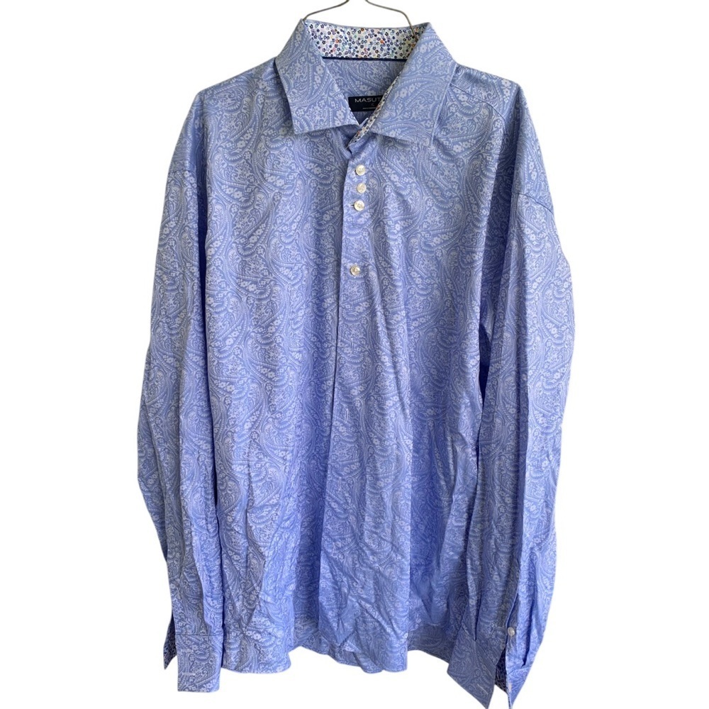 Men's Blue Paisley Long Sleeve Dress Shirt Masutto Size XL